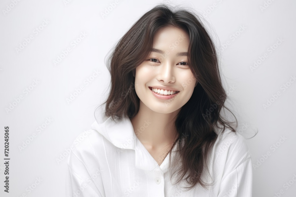 Asian girl with perfect skin and long, luxurious hair poses against a white backdrop, epitomizing beauty and simplicity. Generative AI.