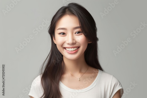 Asian girl with perfect skin and long, luxurious hair poses against a white backdrop, epitomizing beauty and simplicity. Generative AI.