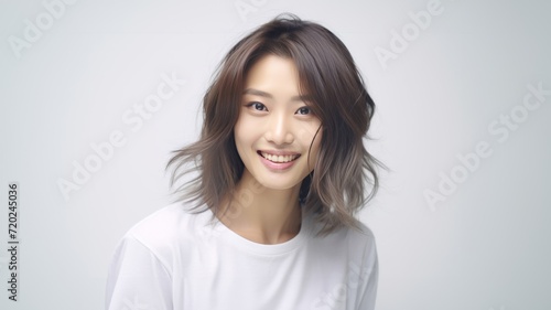 Asian girl with perfect skin and long, luxurious hair poses against a white backdrop, epitomizing beauty and simplicity. Generative AI.