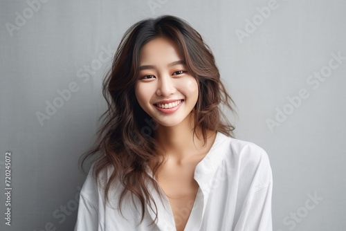 Asian girl with perfect skin and long, luxurious hair poses against a white backdrop, epitomizing beauty and simplicity. Generative AI. © Surachetsh