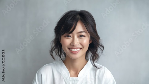 Asian girl with perfect skin and long, luxurious hair poses against a white backdrop, epitomizing beauty and simplicity. Generative AI.