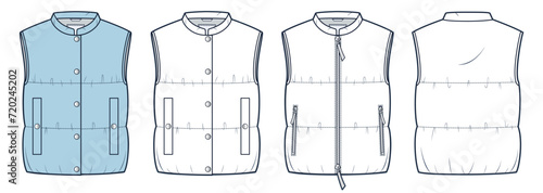 Down Jacket Vest technical fashion Illustration. Cropped padded Jacket fashion flat technical drawing template, pockets, zipper, button, front back view, white, blue, women, men, unisex CAD mockup set