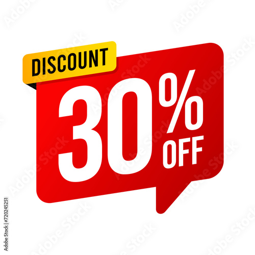 Discounts 30 percent off. Red and yellow template on white background. Vector illustration