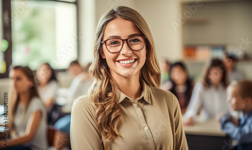 portret pięknej kobiety w okularach, uśmiechniętej, nauczycielka, jasna klasa w tle