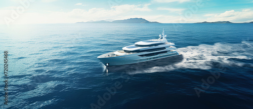 Luxury yacht or ship, motor boat on the sea. Yachting. view of seascape. Panoramic background. Generative ai © Inai