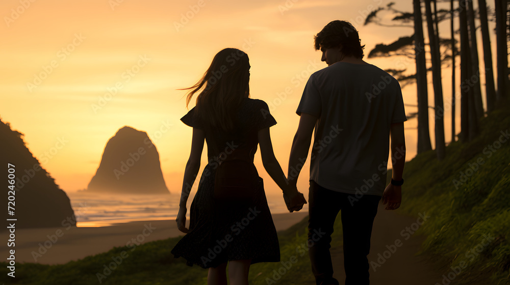 A loving couple is having fun and hugging on the empty sandy sea beach at sunset.