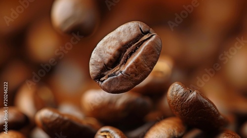 Coffee bean flying in the air. The process of making coffee.