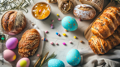 Easter traditional bread, colored eggs on a table, still life. Concept of symbol and celebration of Easter holiday. Close-up. Top view. photo