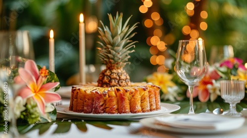 Elegant table setting featuring a caramelized pineapple upside down cake