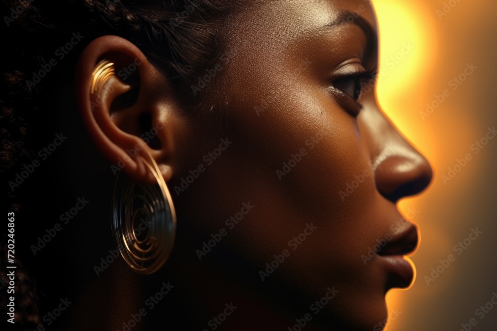 Black female ear and sound waveform closeup.