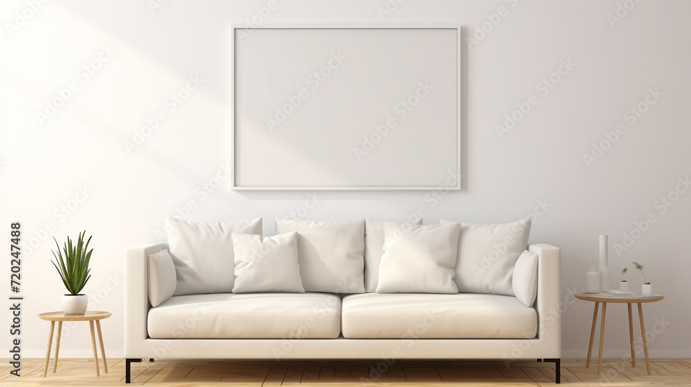 A blank white frame mockup in a minimalist living room A blank white frame mockup in a minimalist living room