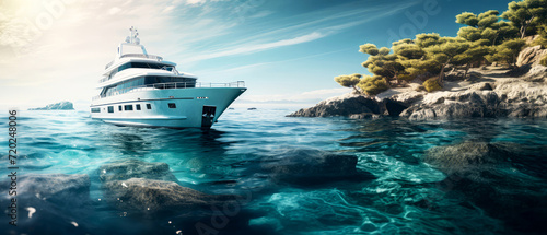 Luxury yacht or ship, motor boat on the sea. Yachting. view of seascape. Panoramic background. Generative ai