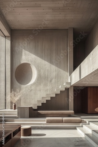 Minimalist neo brutalist interior with striking sunlight patterns photo