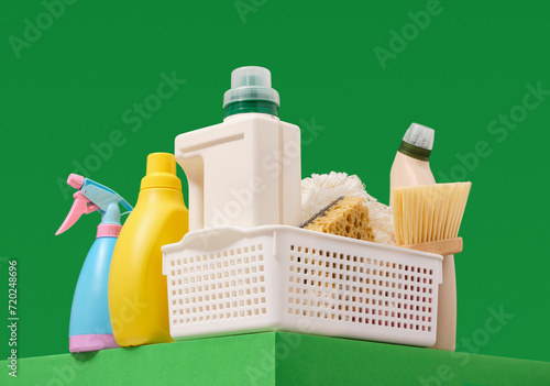 House cleaning concept. Cleanliness and order. Supplies and tools for cleaning.