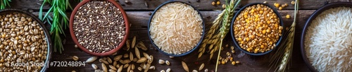 Artistic flat lay of various whole grains like brown rice, barley, and farro, alongside fresh herbs and spices, on a wooden surface