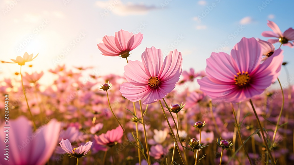 Beautiful Cosmos flower field in the morning