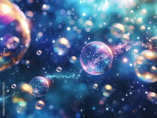 Vivid bubbles floating in a celestial dreamscape with twinkling stars