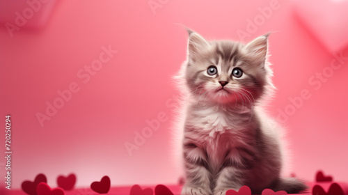 A small fluffy kitten sits on a background of hearts, a very cute kitten. Valentine's Day concept