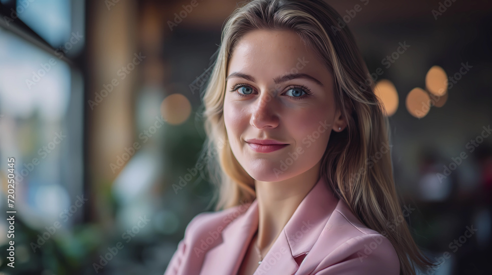 Close up portrait of a beautiful attractive blonde girl wearing pink blazer smiling to camera. Photography of businesswoman in the office. Close up portrait of a beautiful attractive blonde girl wearing pink blazer smiling to camera. Photography of businesswoman in the office.