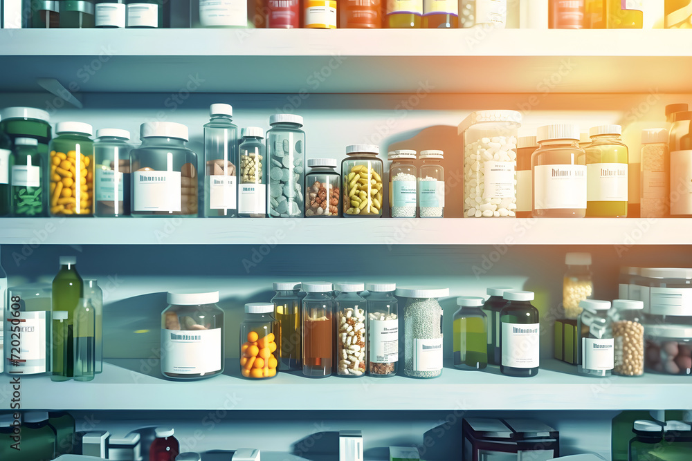 pharmacy shelves with medicines, jars with pills and bottles with medicines, pharmacy shelves with medicines, jars with pills and bottles with medicines,