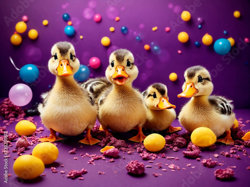 Funny ducks at a party on a purple background. for a birthday card, March 8th, International Women's Day or Valentine's Day. Generative AI