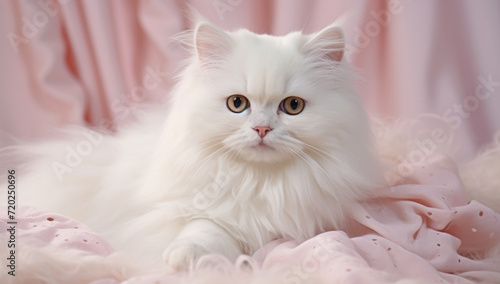 A white and orange cat lays on a little girl's bed facing camera