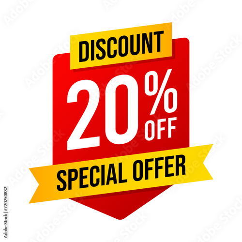 Special offer discounts 20 percent off. Red and yellow template on white background. Vector illustration