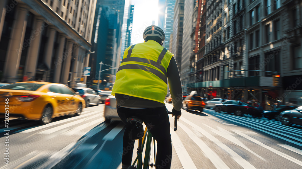 a bicycle rider wearing a bright yellow safety vest, navigating the bustling city streets. The scene captures the cyclist in motion, sharply focused against a blur of urban activity