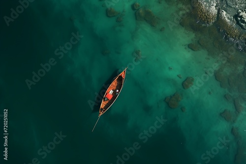 River Serenity: A Breathtaking Aerial View of a Boat Gliding Along the Water © George Designpro
