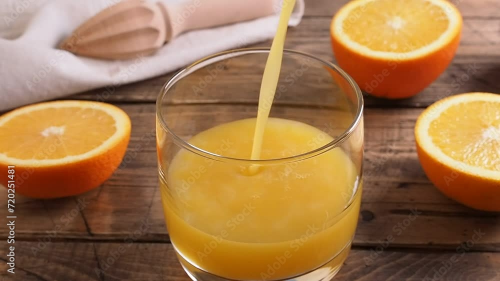 Pour fresh orange juice into a glass beaker. A healthy delicious citrus drink. close up Pour fresh orange juice into a glass beaker. A healthy delicious citrus drink. close up
