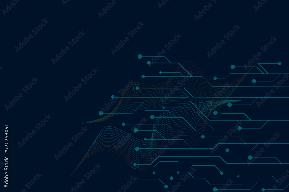 Vector illustration fantastic digital technology. Technology lines circuit and dots on blue background, circuit board network connection.