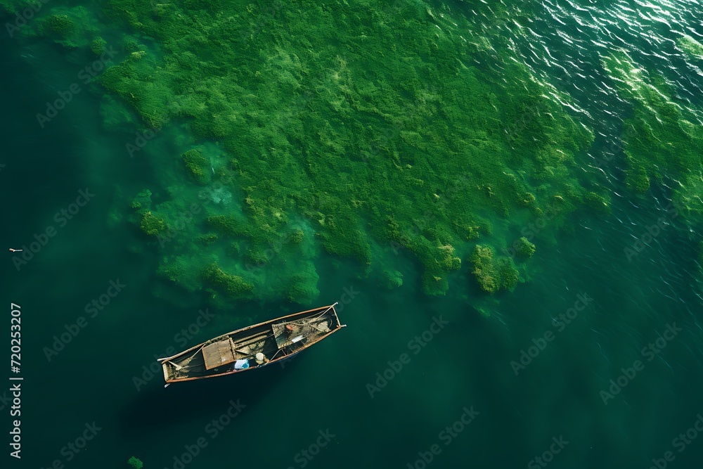 Tranquil Waters: Aerial View of a Boat Gliding Across the Lake, Serene Serenity: Bird's Eye View of a Boat Sailing on the Lake, Lake Escape: Aerial Perspective of a Boat Cruising Through Calm Waters.