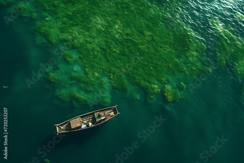 Tranquil Waters: Aerial View of a Boat Gliding Across the Lake, Serene Serenity: Bird's Eye View of a Boat Sailing on the Lake, Lake Escape: Aerial Perspective of a Boat Cruising Through Calm Waters.