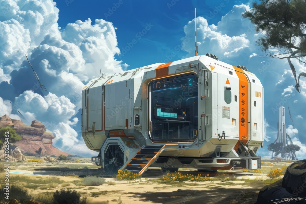 An artistic representation of a mobile medical clinic designed to address healthcare challenges in rural areas. The environment showcases a high-tech clinic on wheels, offering services to remote