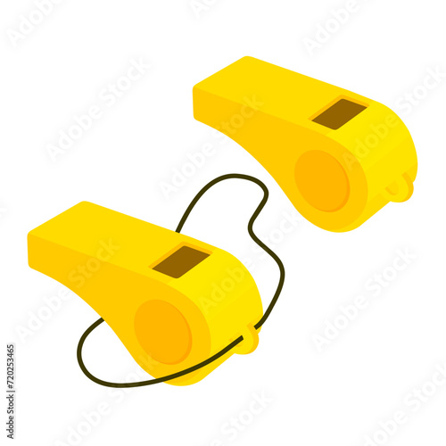 Yellow whistle icon isolated on white background. Whistle with string and without string. Vector illustration