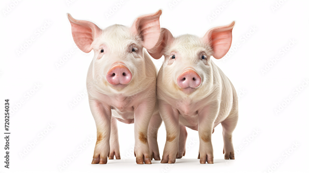Two cute pigs isolated on white background. Studio shot. Side view. Two cute pigs isolated on white background. Studio shot. Side view.