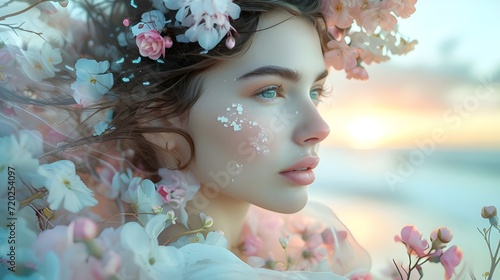 Beautiful young woman face with pink flower wreath shiny cosmetic glitter for skin big lips calm happy smiling fashion model make up skin care concept