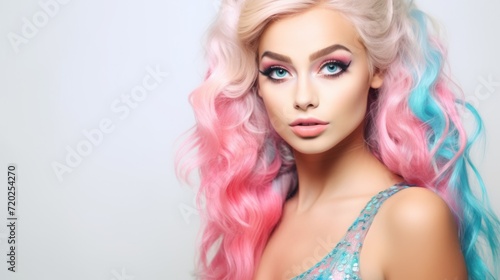 Mermaid with fluorescent glittery makeup, white, pink and blue hair, portrait, background, copy space