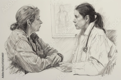 A sketch portraying the importance of empathy and understanding in mental health services. The scene features a compassionate interaction between a mental health professional and an individual seeking photo