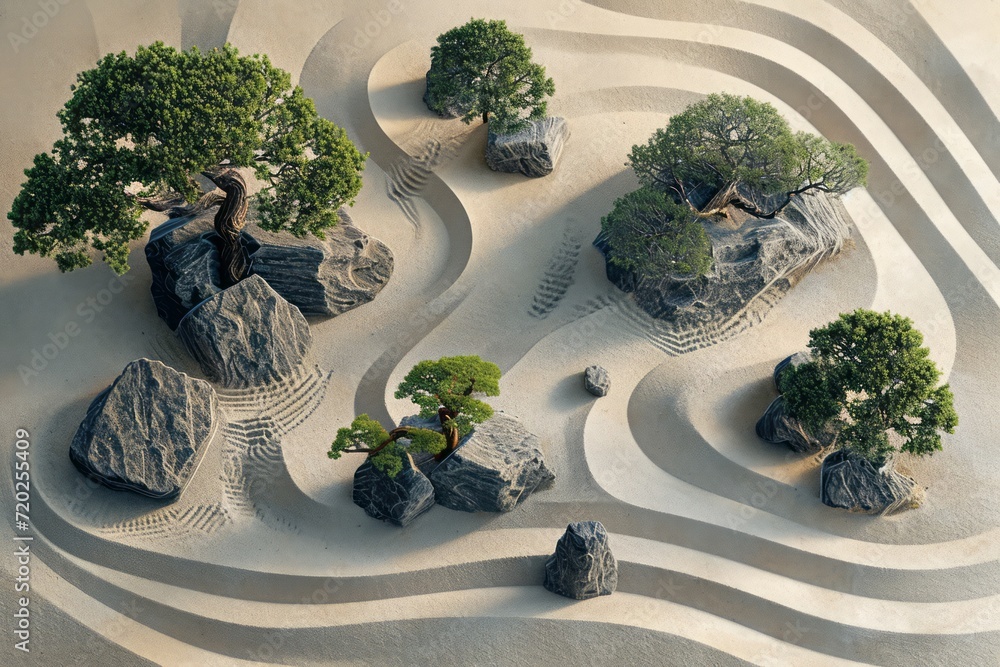 A digital representation of a Zen garden, serving as a metaphor for the development of self-awareness and inner peace. The concept includes carefully arranged digital rocks, sand patterns, and bonsai 