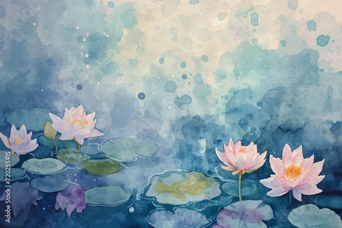 A serene watercolor painting portraying the delicate process of cultivating mindfulness and self-reflection. Imagery includes a tranquil pond with blooming lotus flowers, symbolizing personal growth