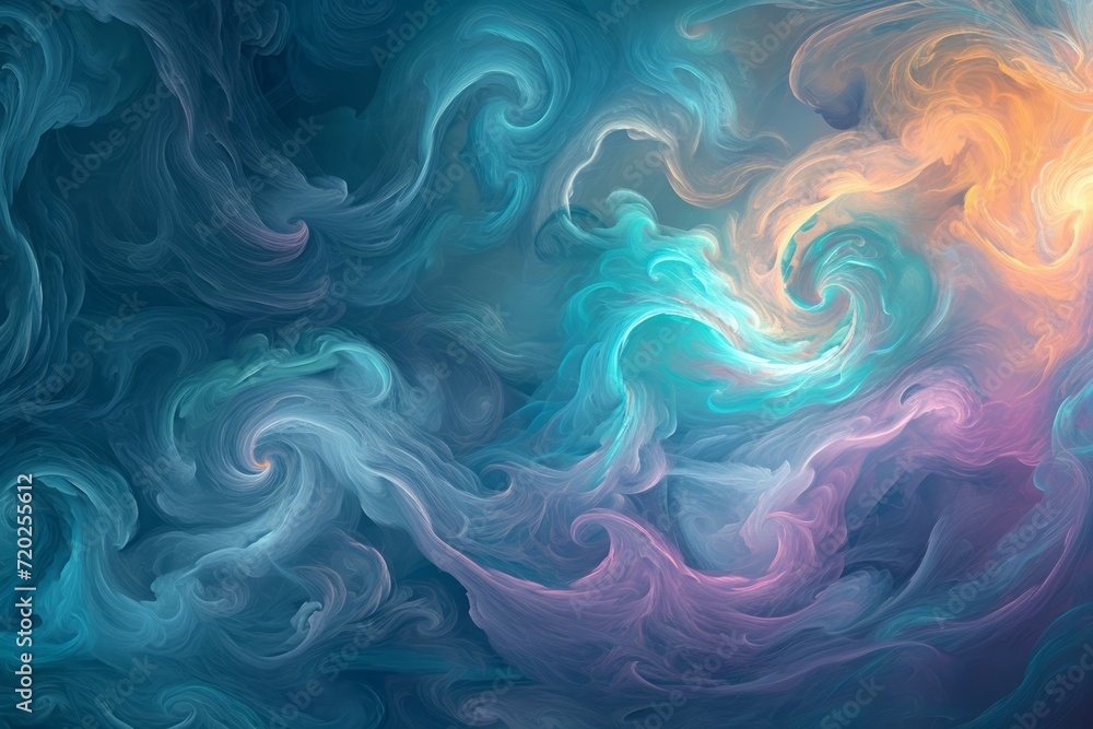 An abstract representation of the impact of meditation and relaxation techniques on the mind. Vibrant swirls of calming colors intertwine, forming a harmonious composition - obrazy, fototapety, plakaty 
