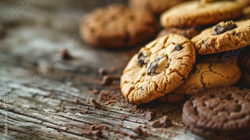 Chocolate chip cookies piled on a wooden surface photo