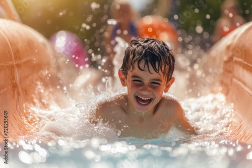 A happy boy in a water park slides down a water slide, water splashes around him © DK_2020