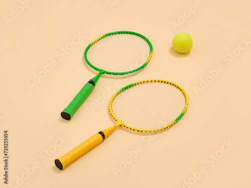 Green and yellow racket. A yellow tennis ball. Adventure sport. © Dima