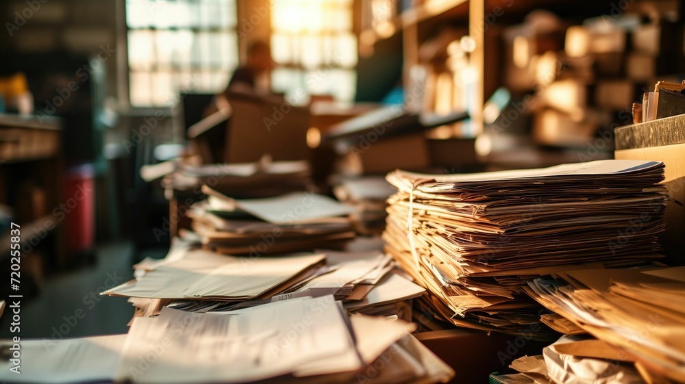 Sunlit cluttered desk with stacks of papers in an office