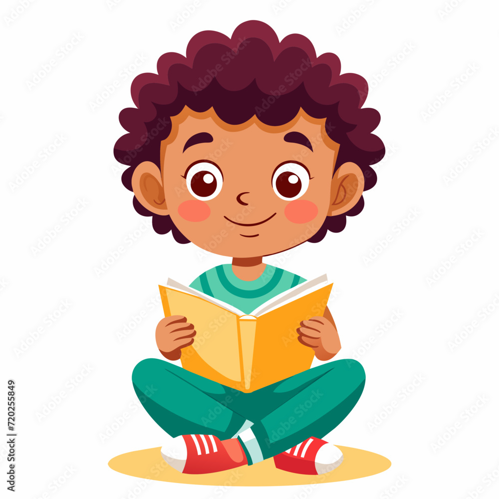 Cartoon Kid Reading a Book, Colorful vector illustration of a cartoon boy sitting down, engrossed in reading a red book with a bright and eager expression.