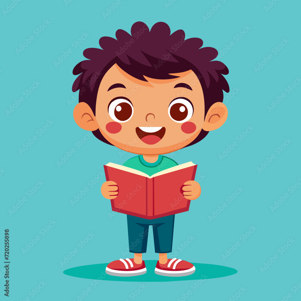 Happy Boy Reading a Book Vector, Vector illustration of a happy boy standing and reading a book with an excited and curious look on his face.