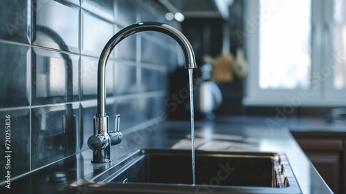 Water flowing from a tap into a stainless steel kitchen sink