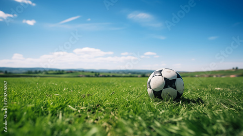 A football is in the middle of a green field.